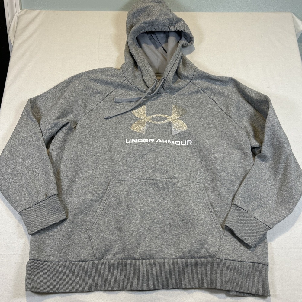 Under Armour Womens Hoodie XL Gray Metallic Logo Pullover Activewear Sweatshirt